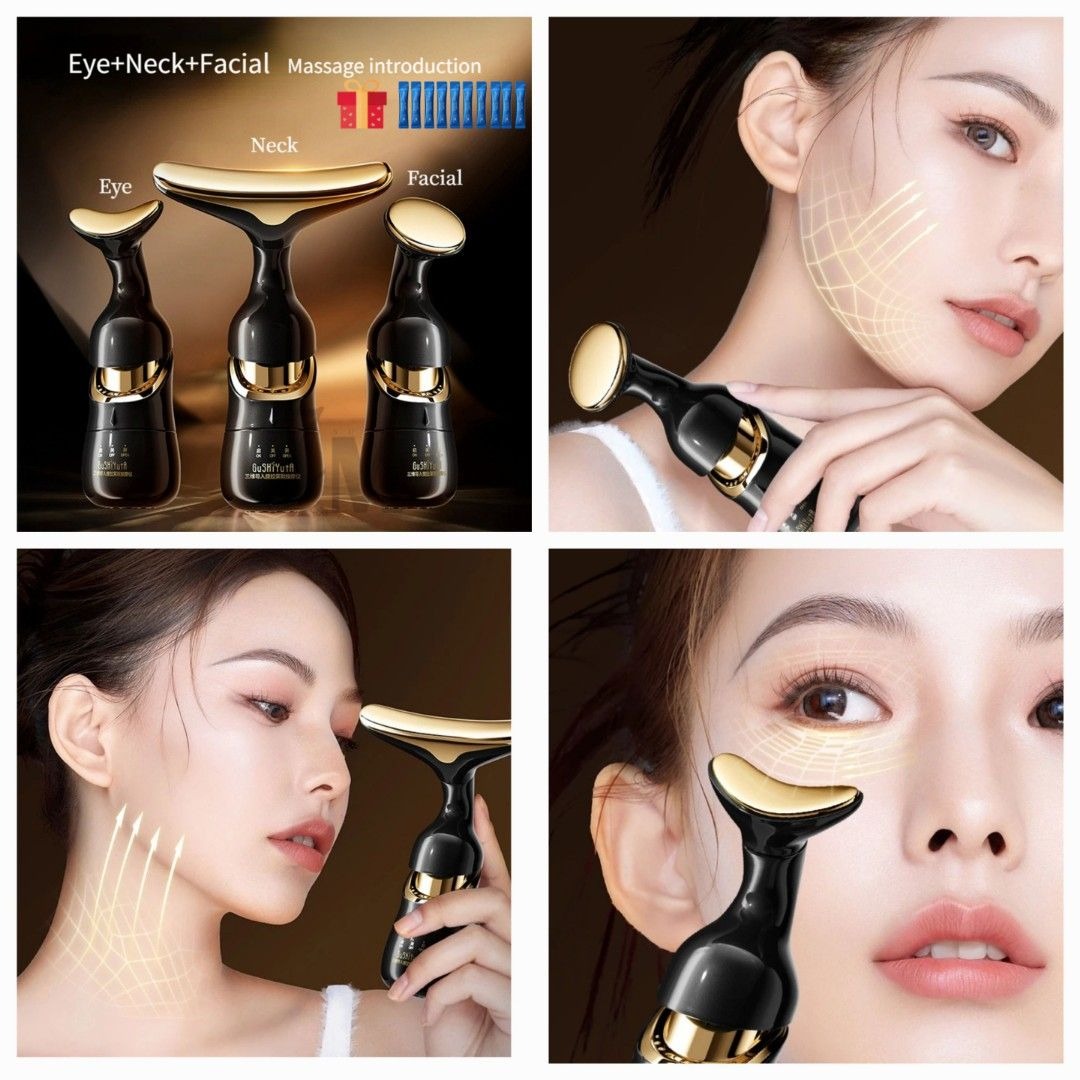 3-in-1 Vibrating Beauty Massager for Face, Eye & Neck — EMS Lifting Anti-Aging Skin Rejuvenation Device with Heat & Vibration, Wrinkle Removal, Face Lifting, Dark Circle Reduction, Essence & Serum Absorption Boost, Skin Tightening Facial Massage Tool for